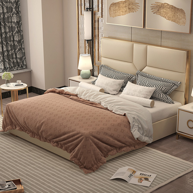 Light luxury bed bedroom series furniture with stainless steel gold plated superfine fiber leather