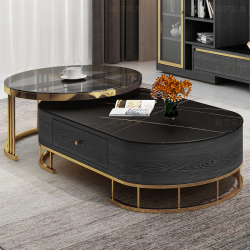 Light luxury oval tea table round table lacquer baking creative living room Marble Slate retractable coffee table TV cabinet combination