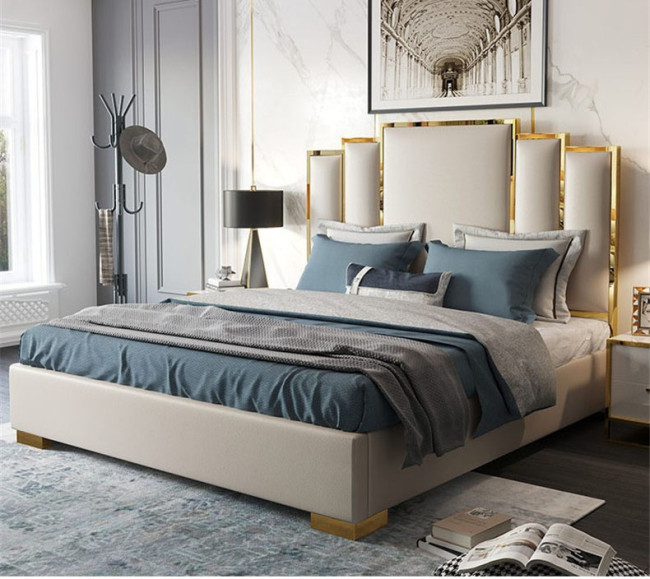 Luxury bedroom furniture king size sleeping bed villa house bed room headboard double modern italian leather bed