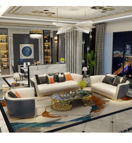 Nordic simple leather sofa, Italian light luxury living room, large family villa post modern combination sofa