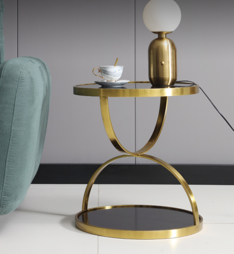 Modern simple stainless steel golden round corner several gold plating tempered glass sofa edge a few light luxury leisure tea table