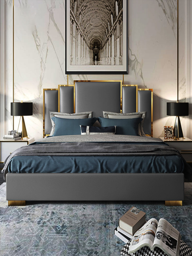 Luxury bedroom furniture king size sleeping bed villa house bed room headboard double modern italian leather bed