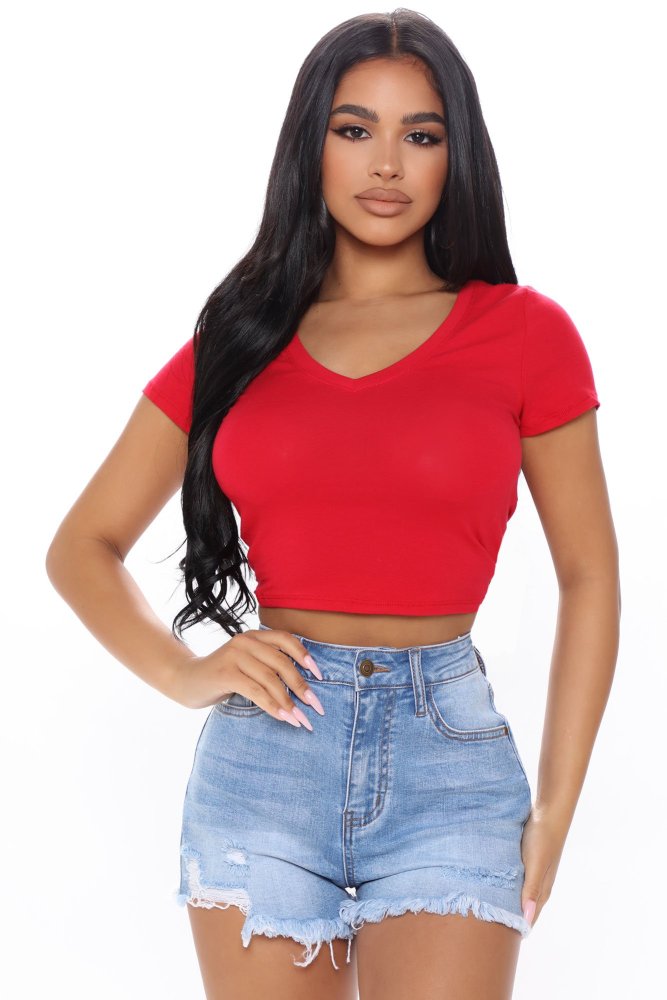 Carly V Neck Crop Tee - Red