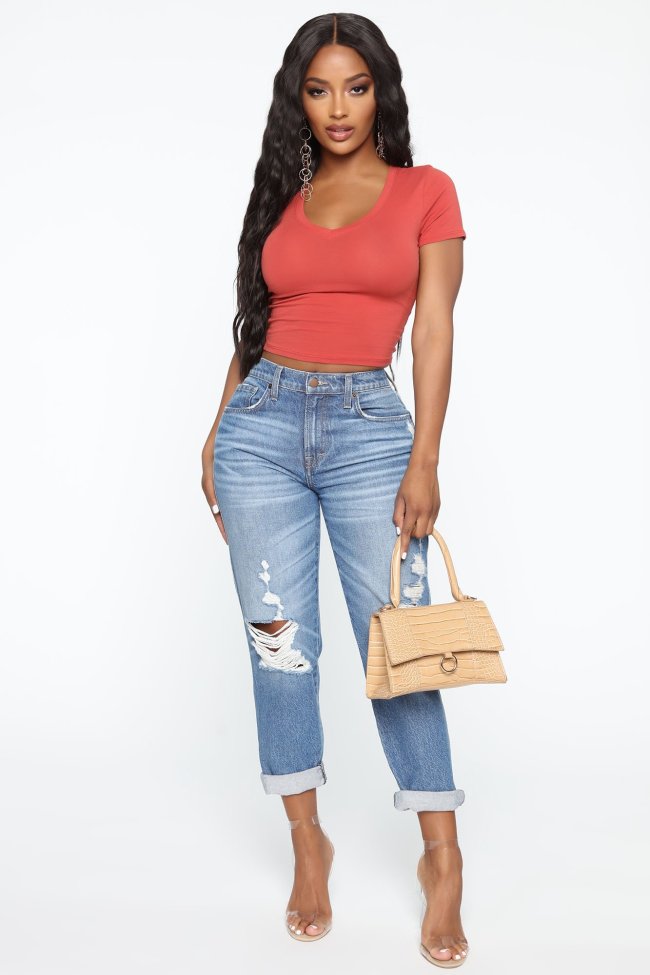 Carly V Neck Crop Tee - Rust