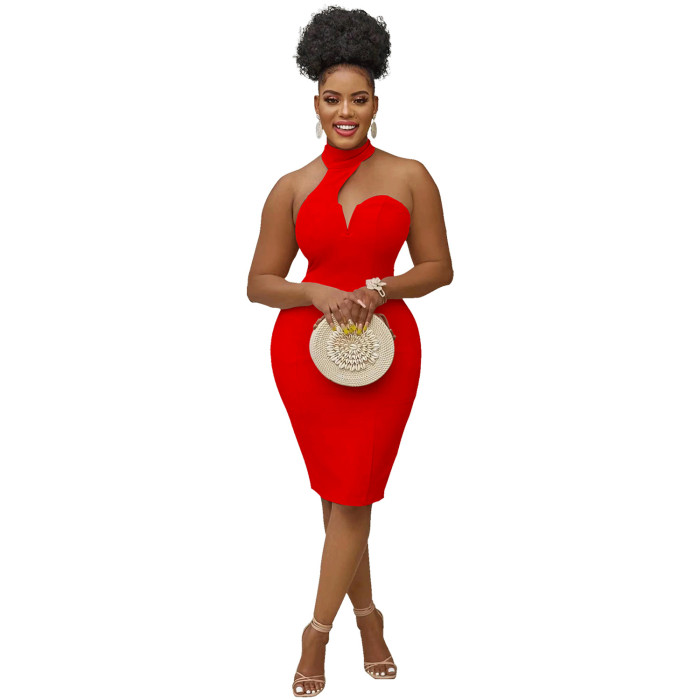 Plus Size Dress fashion pure color halter wrapped chest sleeveless cold shoulder dress