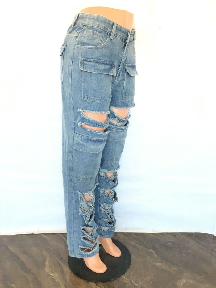 Fashionable loose fitting high waisted wide leg torn jeans