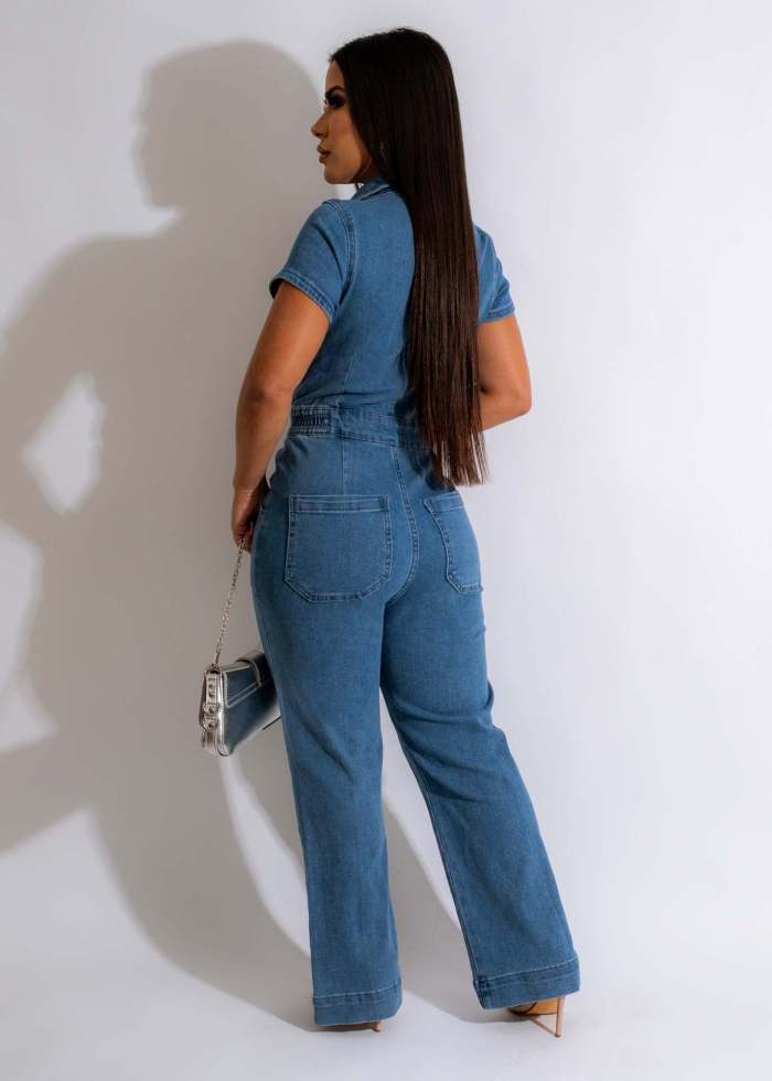 Sexy and fashionable denim jumpsuit short sleeved wide leg pants