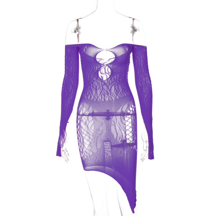 One-Line Collar Leaky Shoulder Hollow Women'S Long-Sleeved Dress