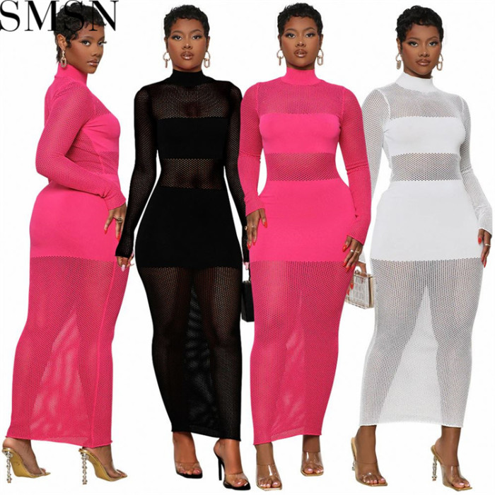 Plus Size Dress Amazon Popular Sexy Solid Color Mesh Stitching Long Sleeves Dress