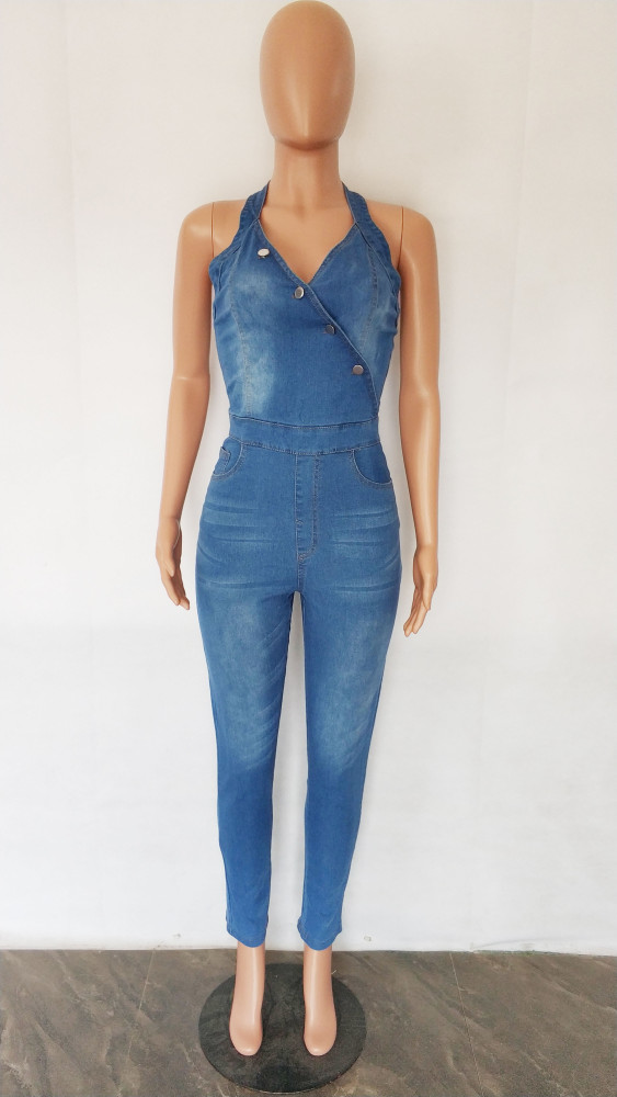 Denim slim neck Jumpsuit