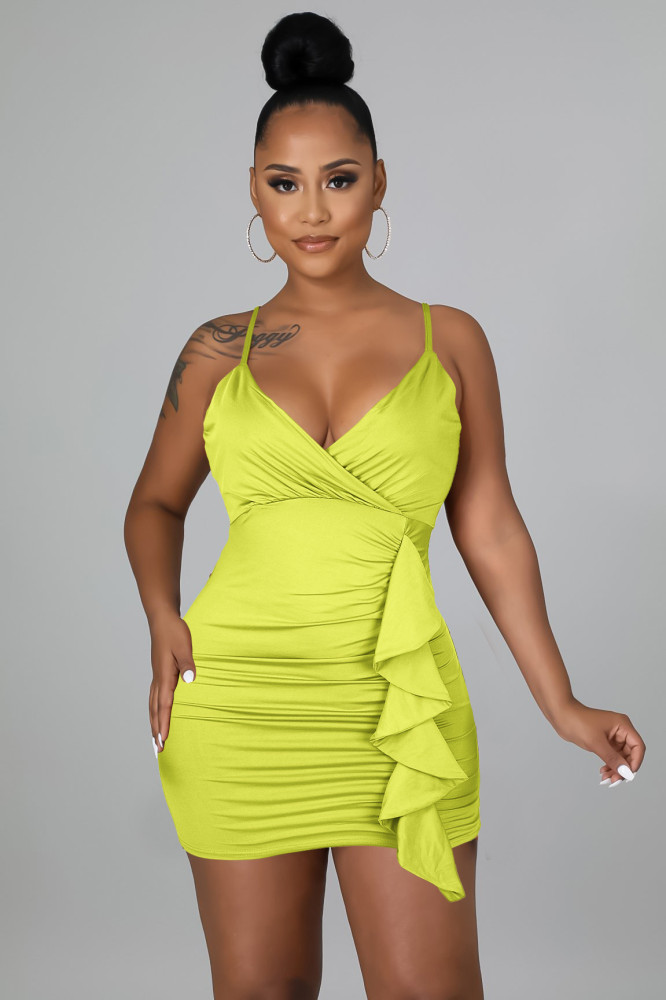 Fashion women dress sexy ruffled V neck topless sling bag hip nightclub dress