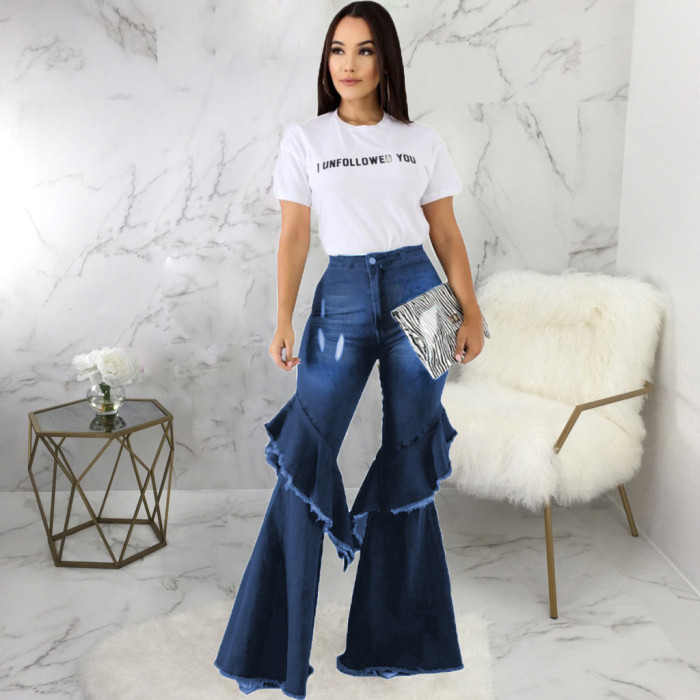 Fashion denim flared pants with hole stitching