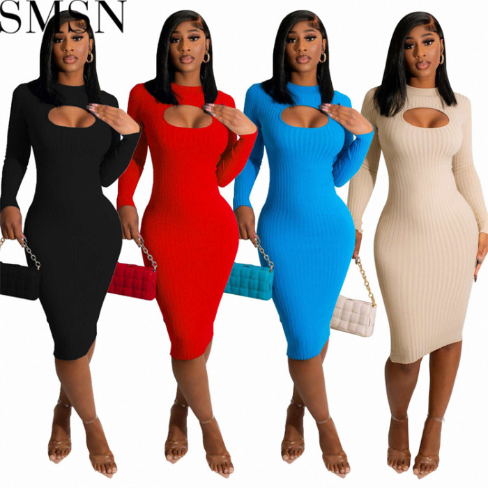 Plus size dress 2022 autumn European and American ins fashion knitting sunken Stripe slim fit hollow dress