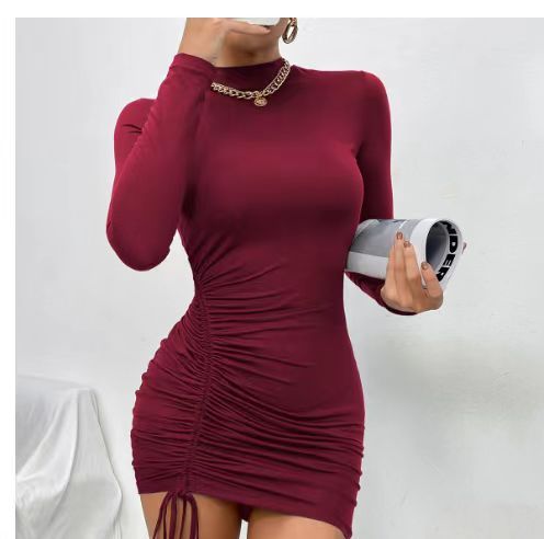 Turtleneck Purple Long Sleeve Ruched Tie Dress