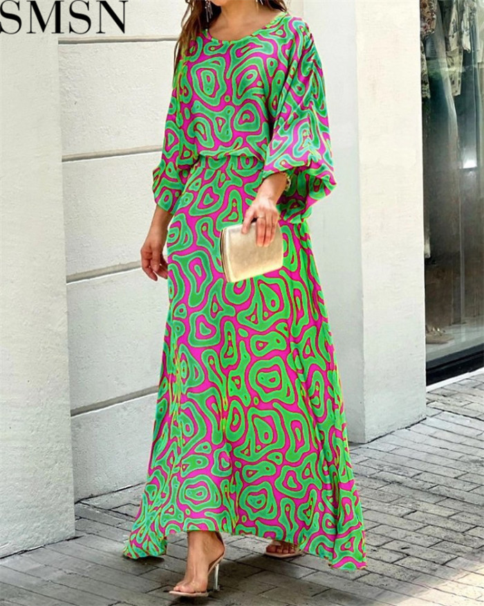 Casual Dress summer New loose plus size print long sleeved top high waist long dress