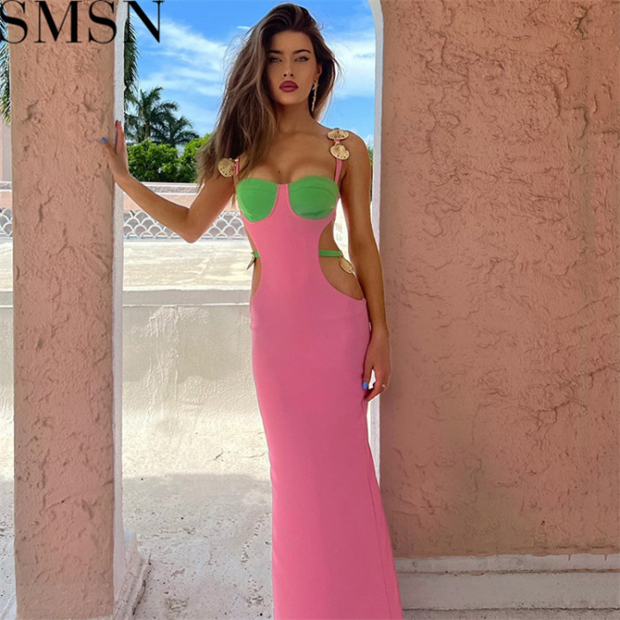 Plus Size Dress Amazon Color Contrast Patchwork Strap Backless A  line Dress Sexy Waist Hollow out Split Dress