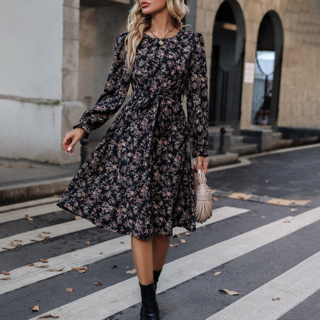 Autumn Women'S V-Neck Long Sleeved Floral Dress