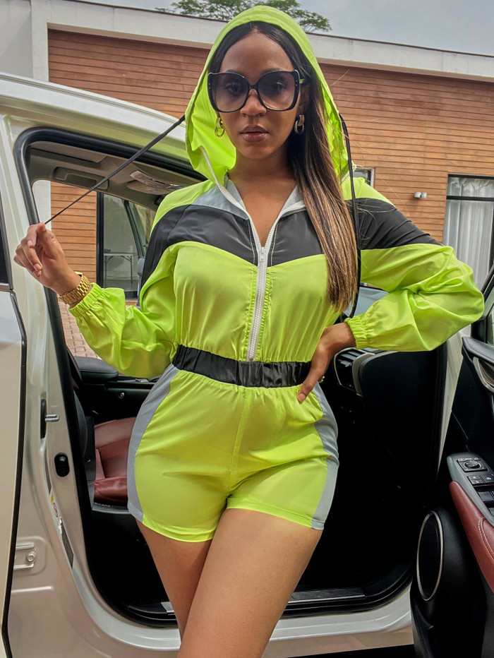 Casual multi panel zipper one-piece shorts