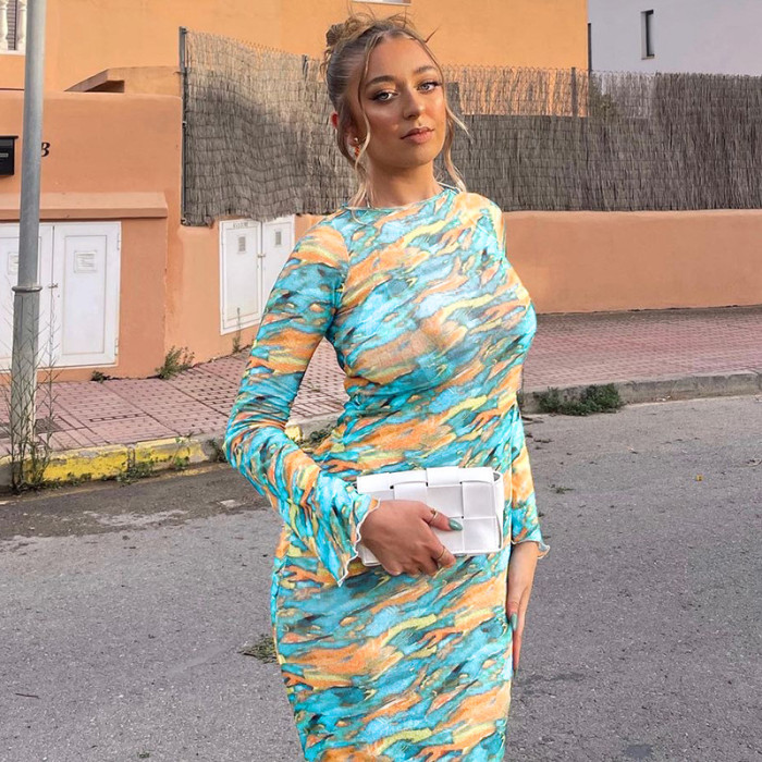 Fashion Printed Slim Round Neck Long Sleeve Dress