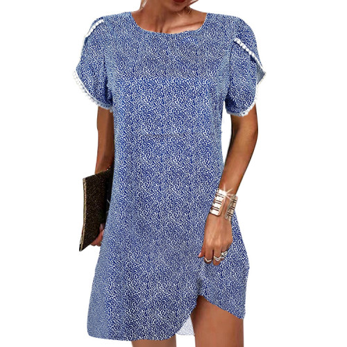 Casual Dress 2022 summer round neck short sleeve loose lace edge ladies floral dress