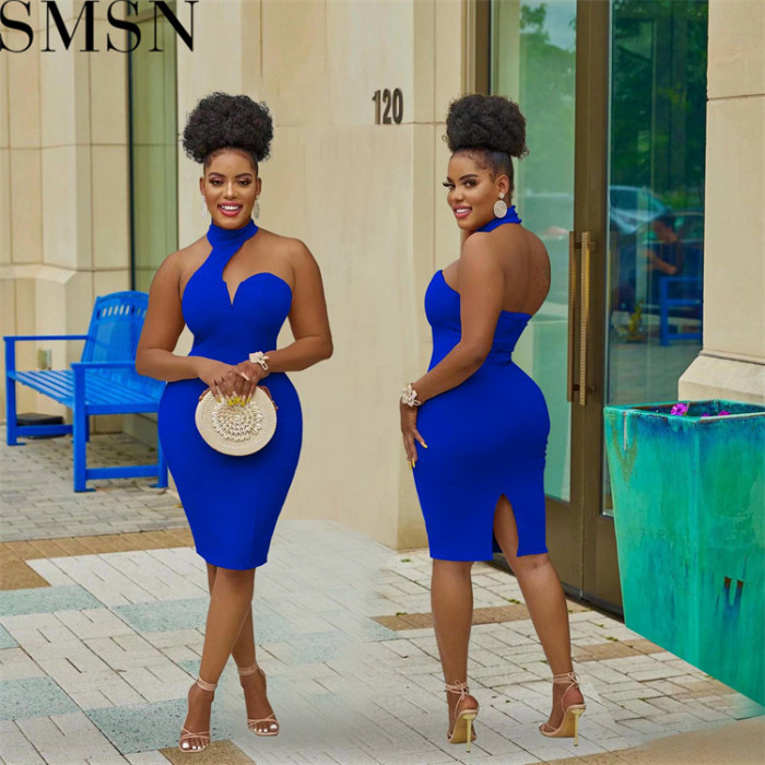 Plus Size Dress fashion pure color halter wrapped chest sleeveless cold shoulder dress