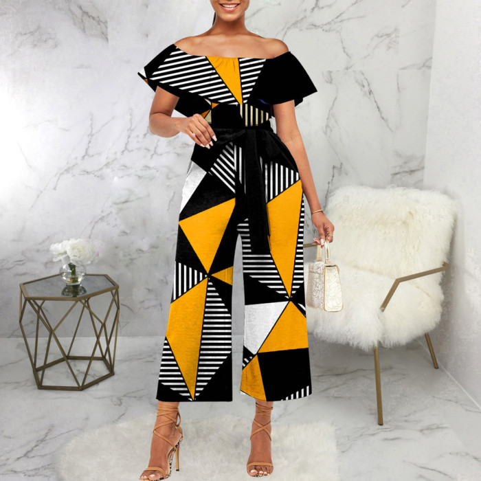 Sexy and fashionable one-line collar bra printed jumpsuit