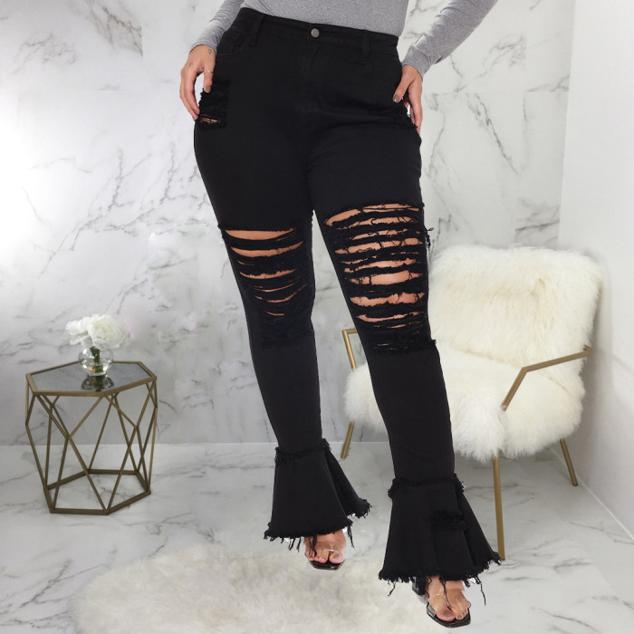 Fashion hole stitching micro flared pants