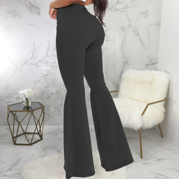 Fashion high waist elastic denim flared pants