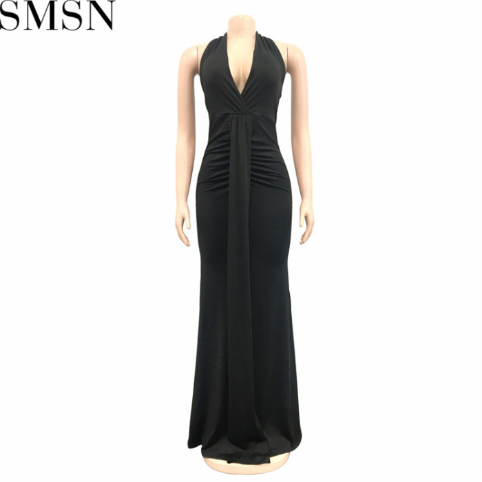 Plus Size Dress fashion V neck backless ribbon pleated solid color dress for women