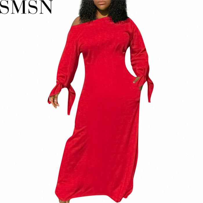 Plus Size Dress solid color cotton long sleeve cuff knotted dress long skirt with pockets on both sides