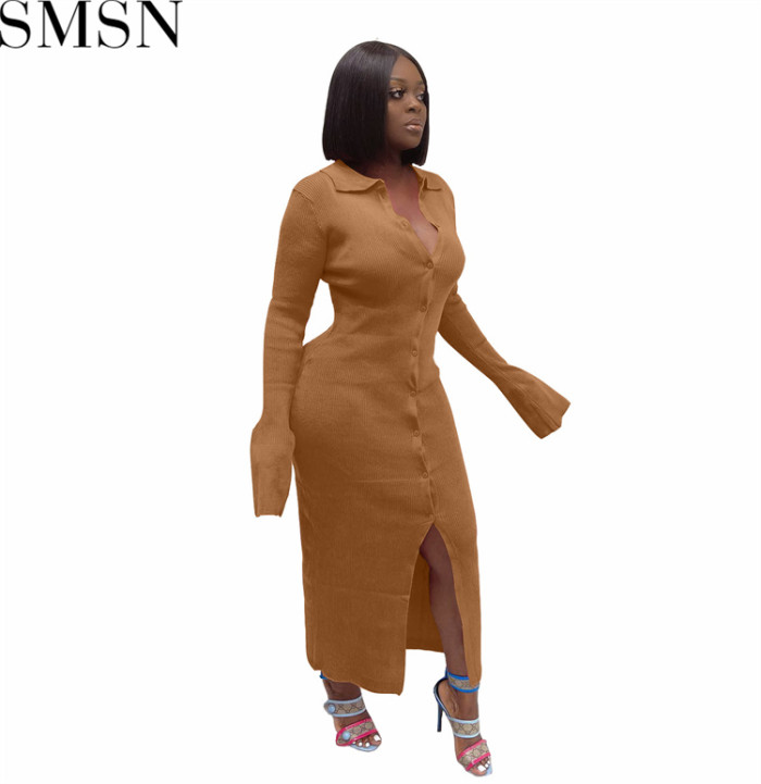 Fashion women dress Amazon long sleeve V neck long button bell sleeve dress sweater