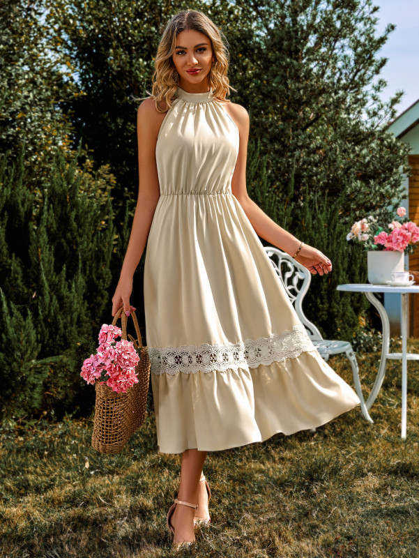 Solid Color Sleeveless Hanging Neck Lace Dress