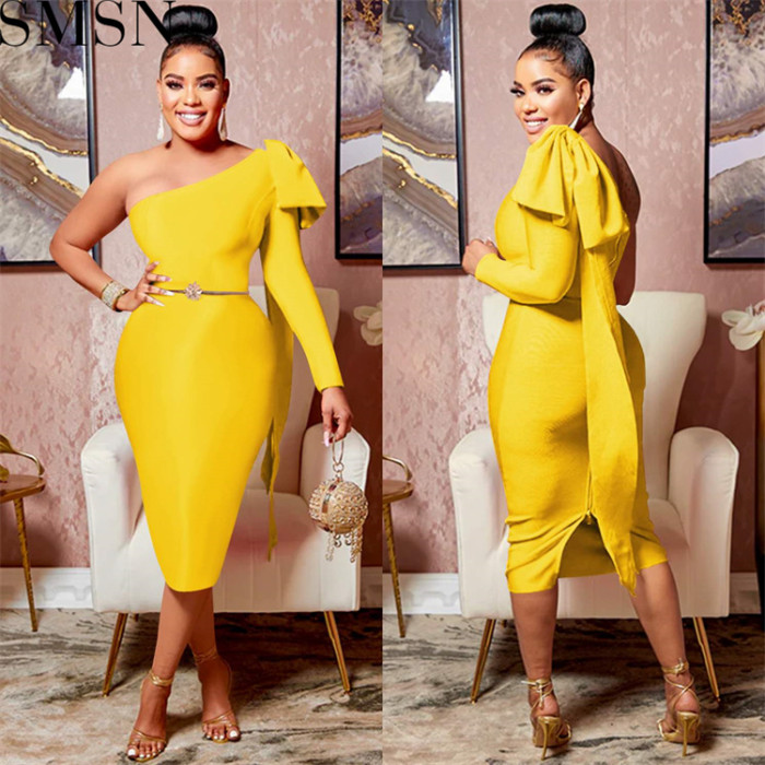 Fashion women dress Amazon women wear new diagonal collar single long sleeve bowknot ribbon dress