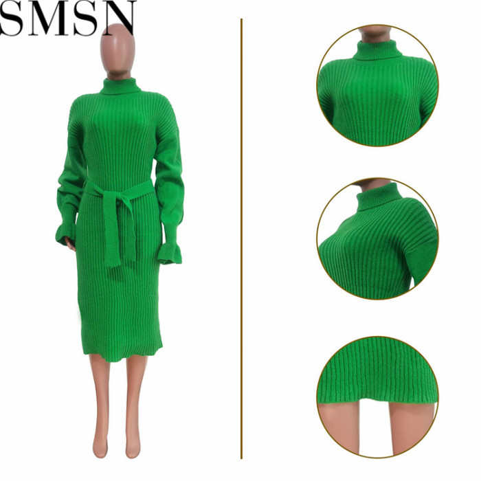 Plus Size Dress European and American women clothing solid color turtleneck knitting tied dress