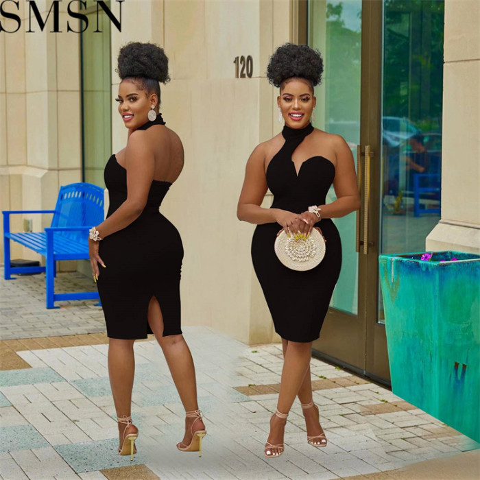 Plus Size Dress fashion pure color halter wrapped chest sleeveless cold shoulder dress