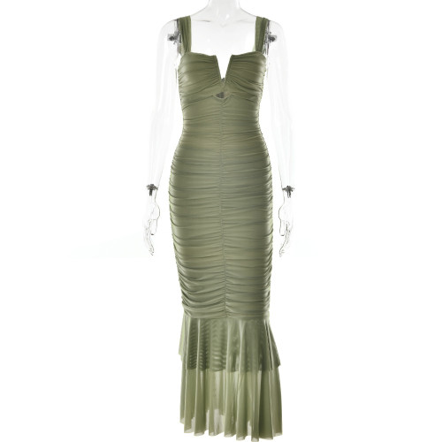 Fashionable Sleeveless Tight Pleated Fishtail Dress