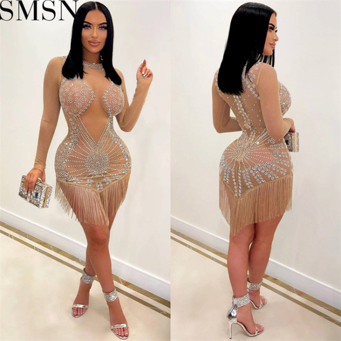 Casual Dress fashion nightclub hot drilling mesh see through silk long sleeve short dress