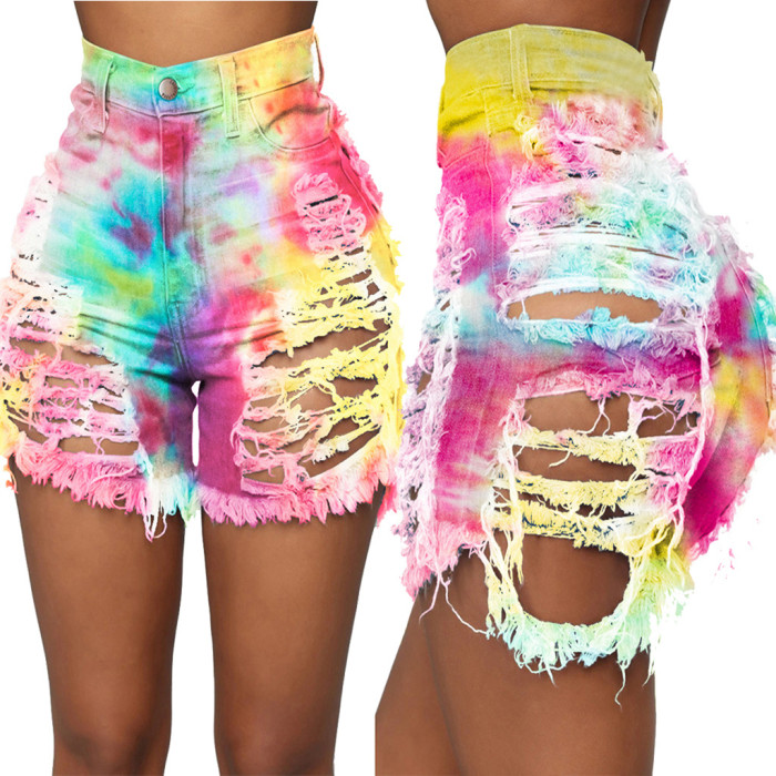 Fashion sexy pierced tie dyed denim shorts