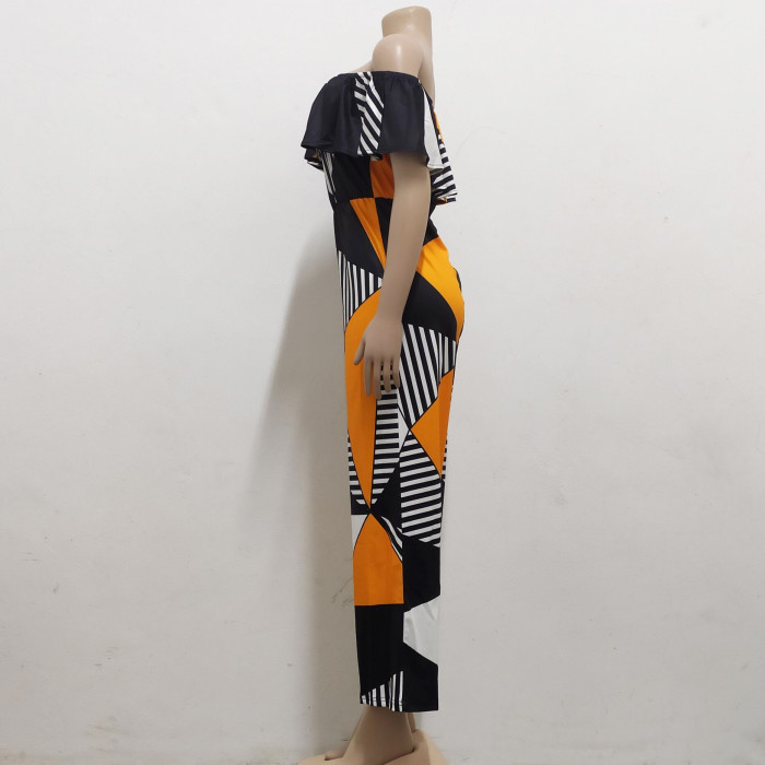 Sexy and fashionable one-line collar bra printed jumpsuit