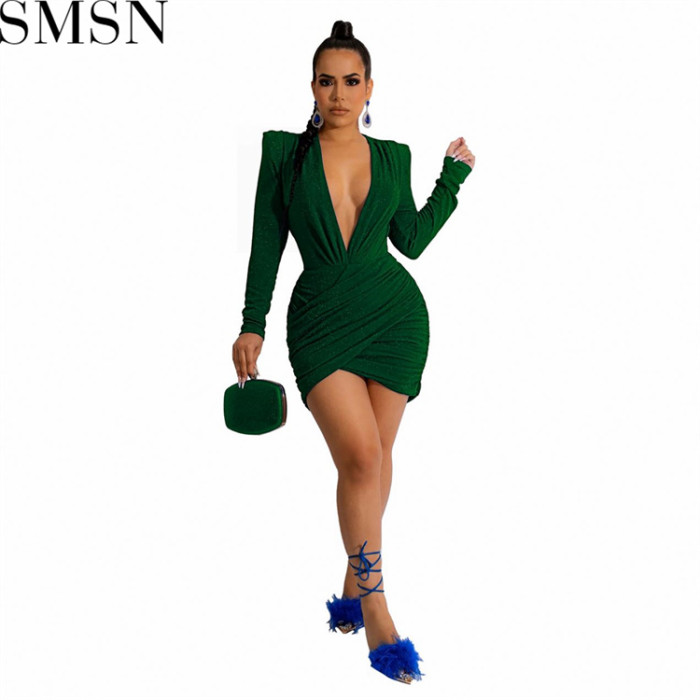 Plus Size Dress Amazon new autumn and winter V neck padded shoulder velvet cocktail party sexy dress