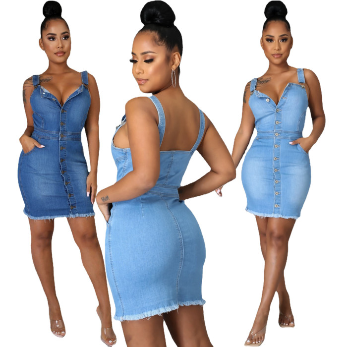 Sexy denim dress with halter