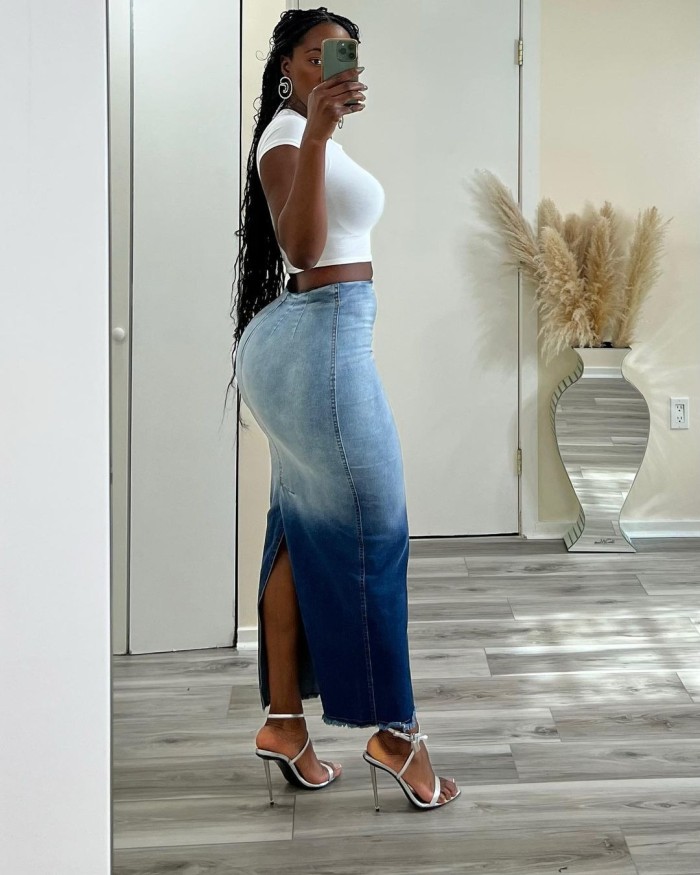 Fashion Burnt Flower Split Tassel Denim Skirt