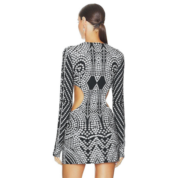 Polka Dot Printed Long Sleeved Round Neck Waist Hollowed Out Dress