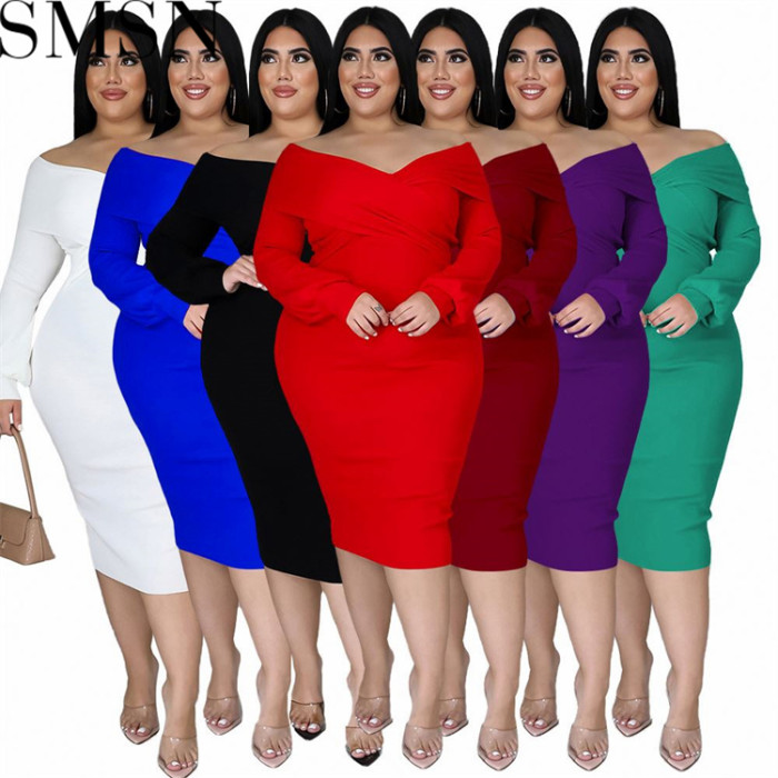 Plus Size Dress V neck solid color midi dress sexy dress wish hot sale