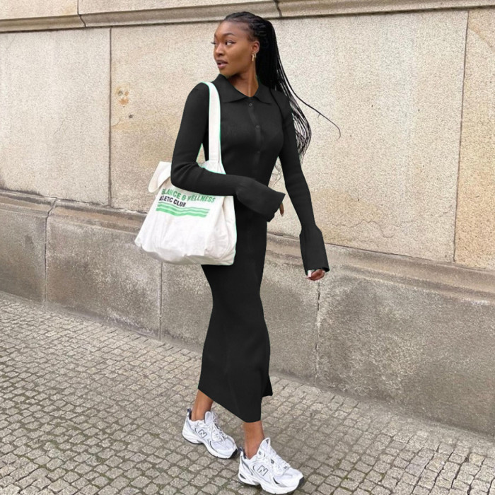 Fashion women dress Amazon long sleeve V neck long button bell sleeve dress sweater