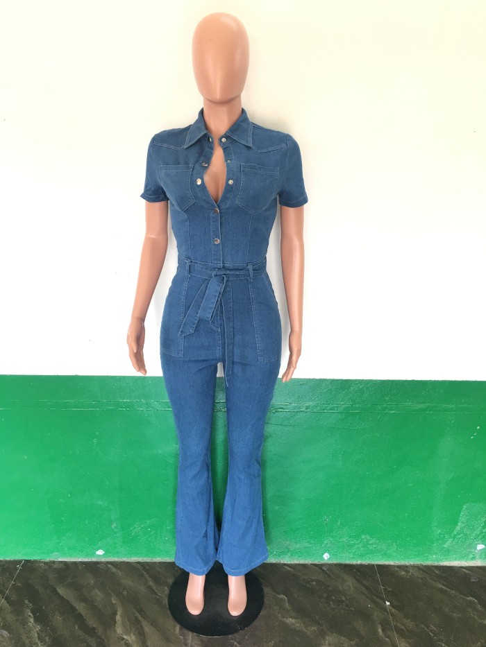 Sexy and fashionable short sleeved denim jumpsuit
