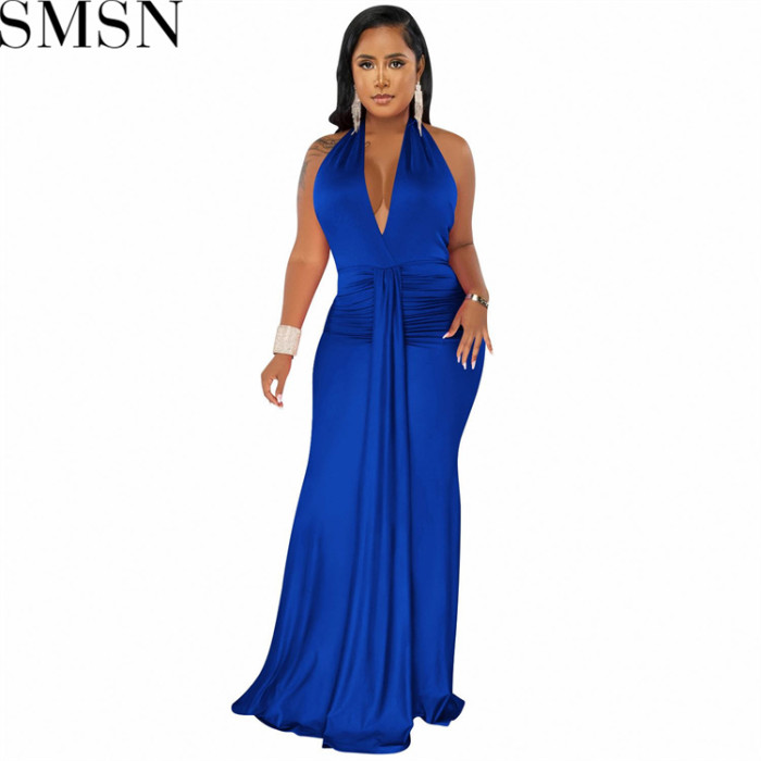 Plus Size Dress fashion V neck backless ribbon pleated solid color dress for women
