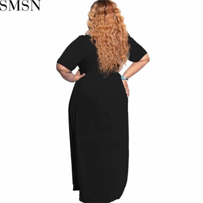 Fashion women dress solid color round neck loose casual plus size dress