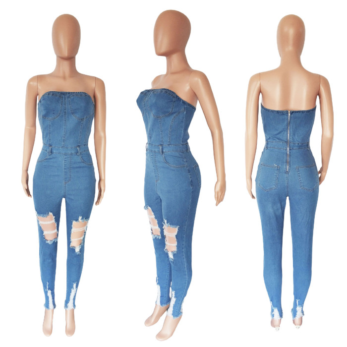 Fashion perforated Strapless jeans Jumpsuit