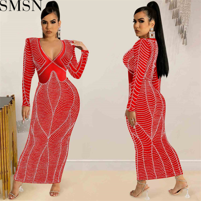 Casual Dress sexy nightclub hot rhinestone mesh see through V neck long sleeve dress for women